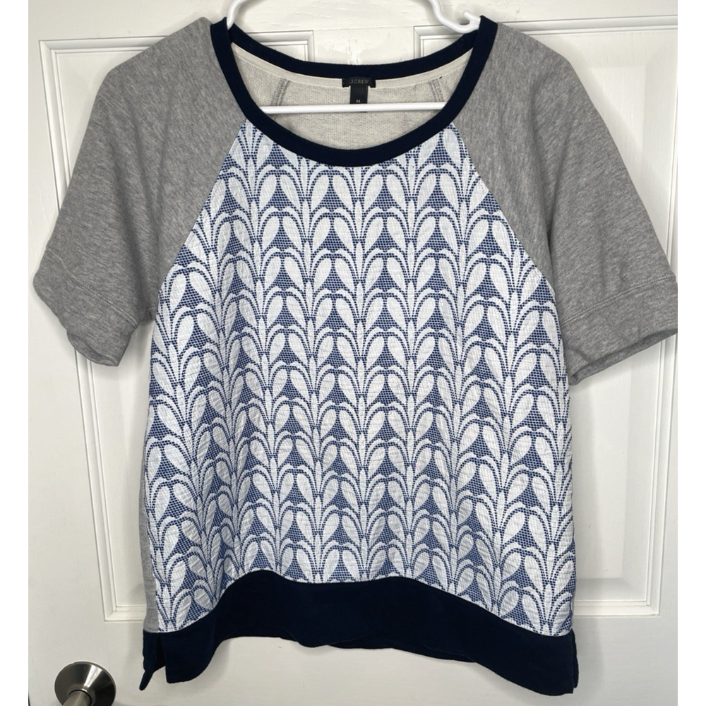 J Crew Women's Paneled Short Sleeve Sweatshirt Sz M Cotton Geo Floral Preppy